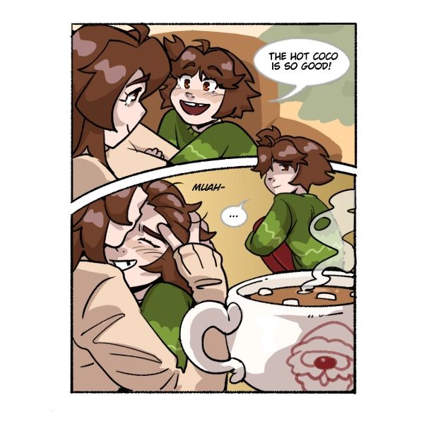 Two characters enjoy hot cocoa together.