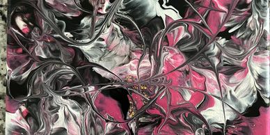 Abstract painting with swirling black, white, and pink colors creating a dynamic pattern.