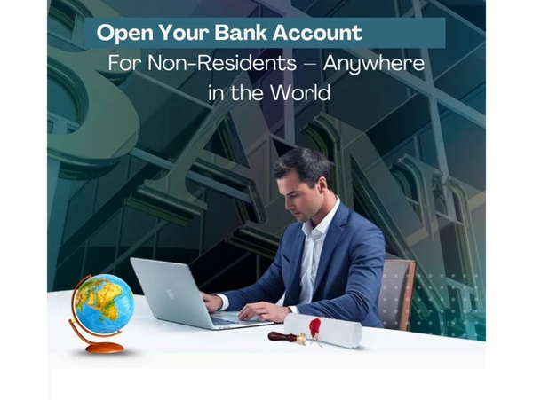 Man opening a bank account online for non-residents worldwide.