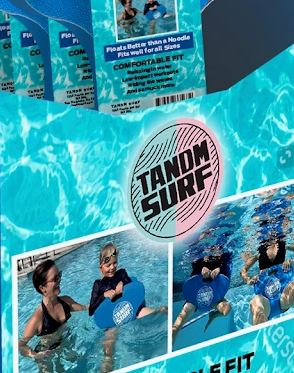 Tandem Surf floatation device packaging showing adults and kids using it in a pool.
