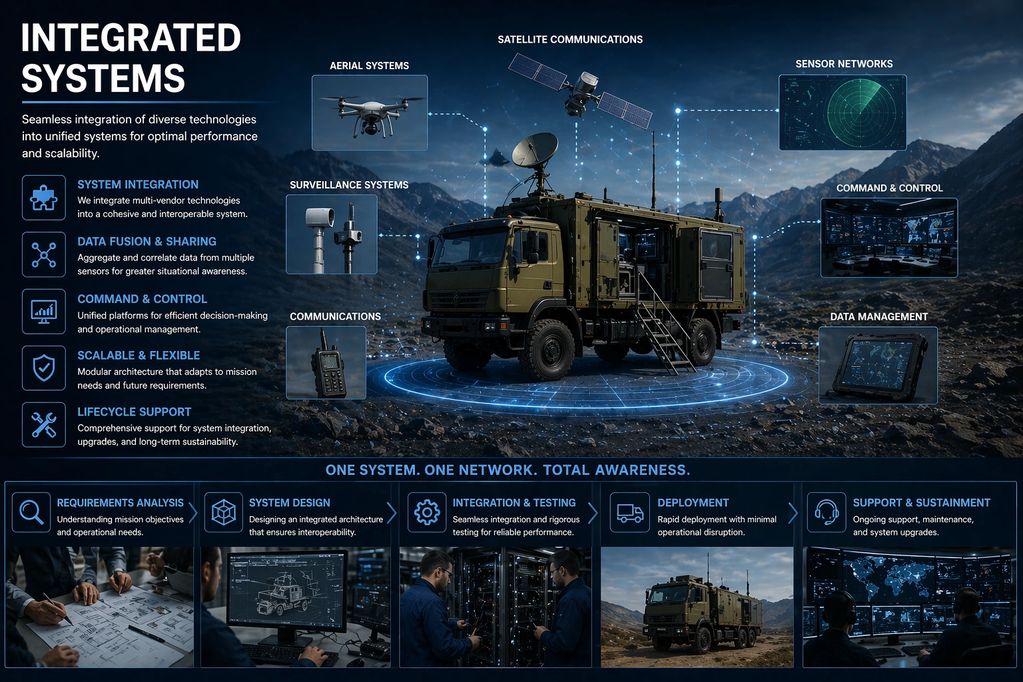 Military communication vehicle integrating aerial, satellite, sensor, and surveillance systems for unified control.