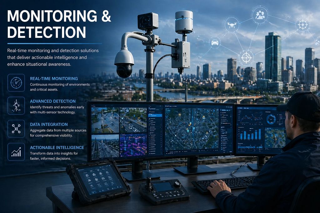 A surveillance operator monitors multiple screens for real-time detection and situational awareness.