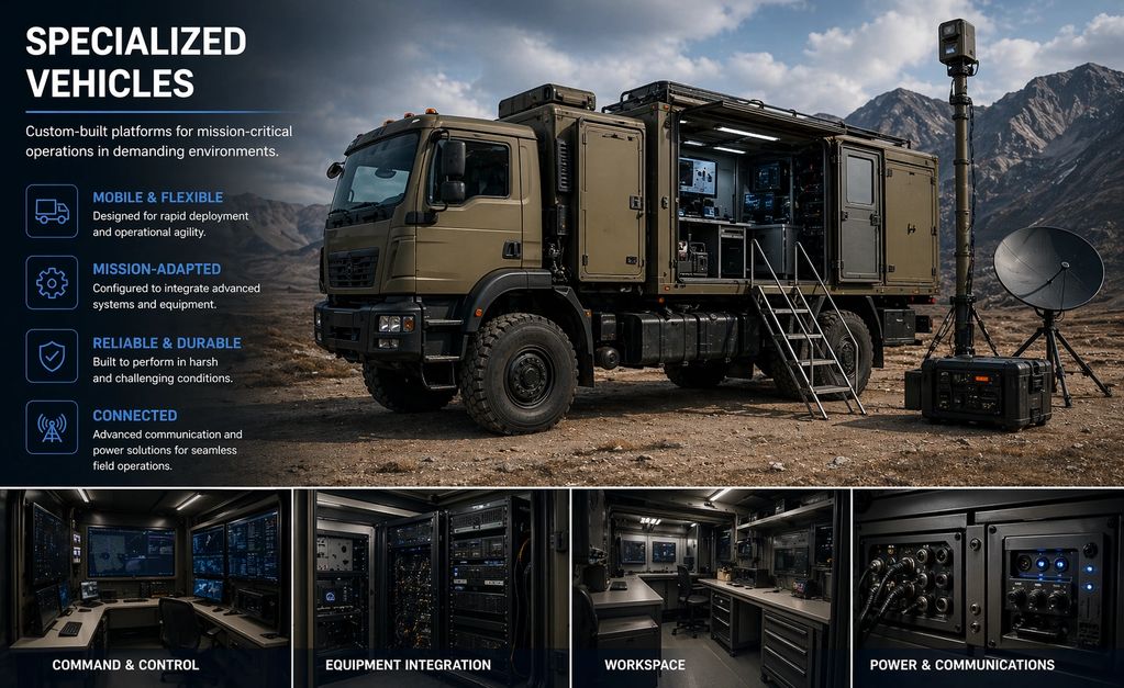 Military specialized vehicle with advanced communication and control equipment in rugged terrain.