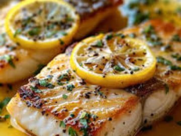 Grilled fish fillet garnished with lemon slices and herbs.