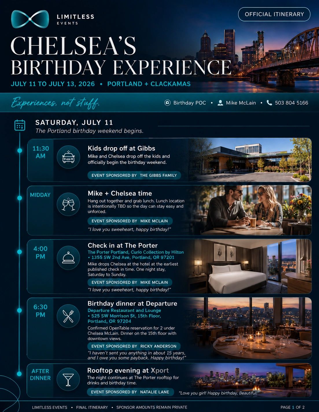 Detailed itinerary for Chelsea's birthday experience in Portland from July 11-13, 2026.