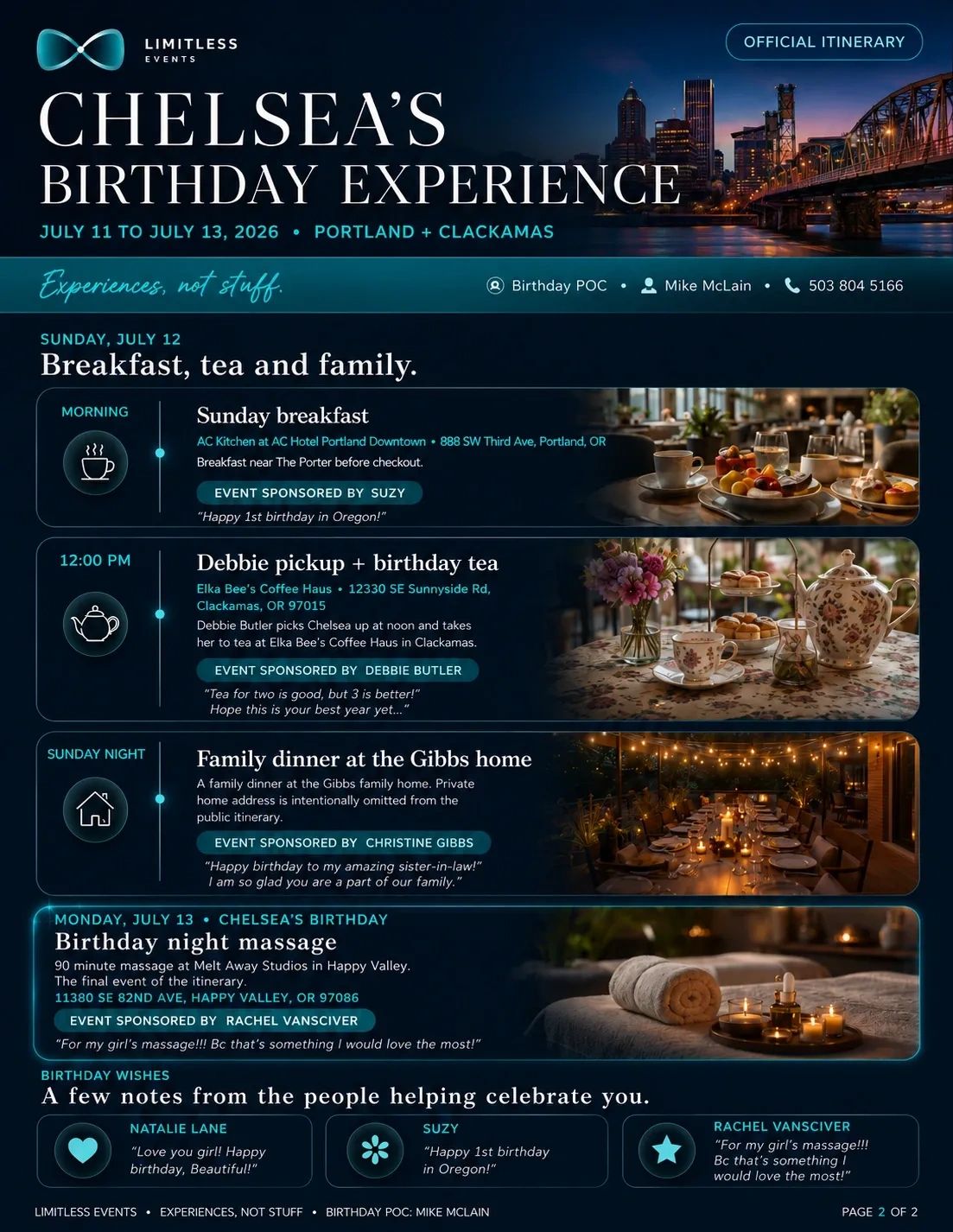 Chelsea's birthday itinerary with breakfast, tea, family dinner, and massage.