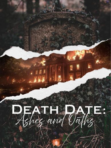 A burning mansion and a tombstone with ivy titled "Death Date: Ashes and Oaths."