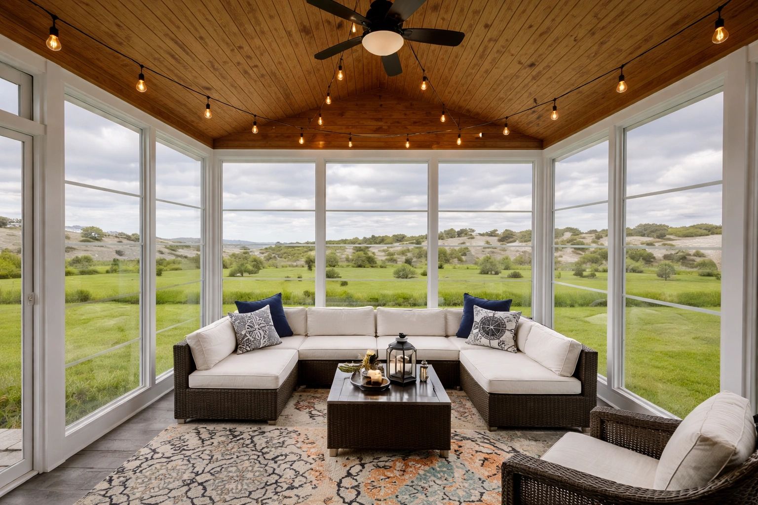 Cozy sunroom with wicker furniture and large windows overlooking green fields.