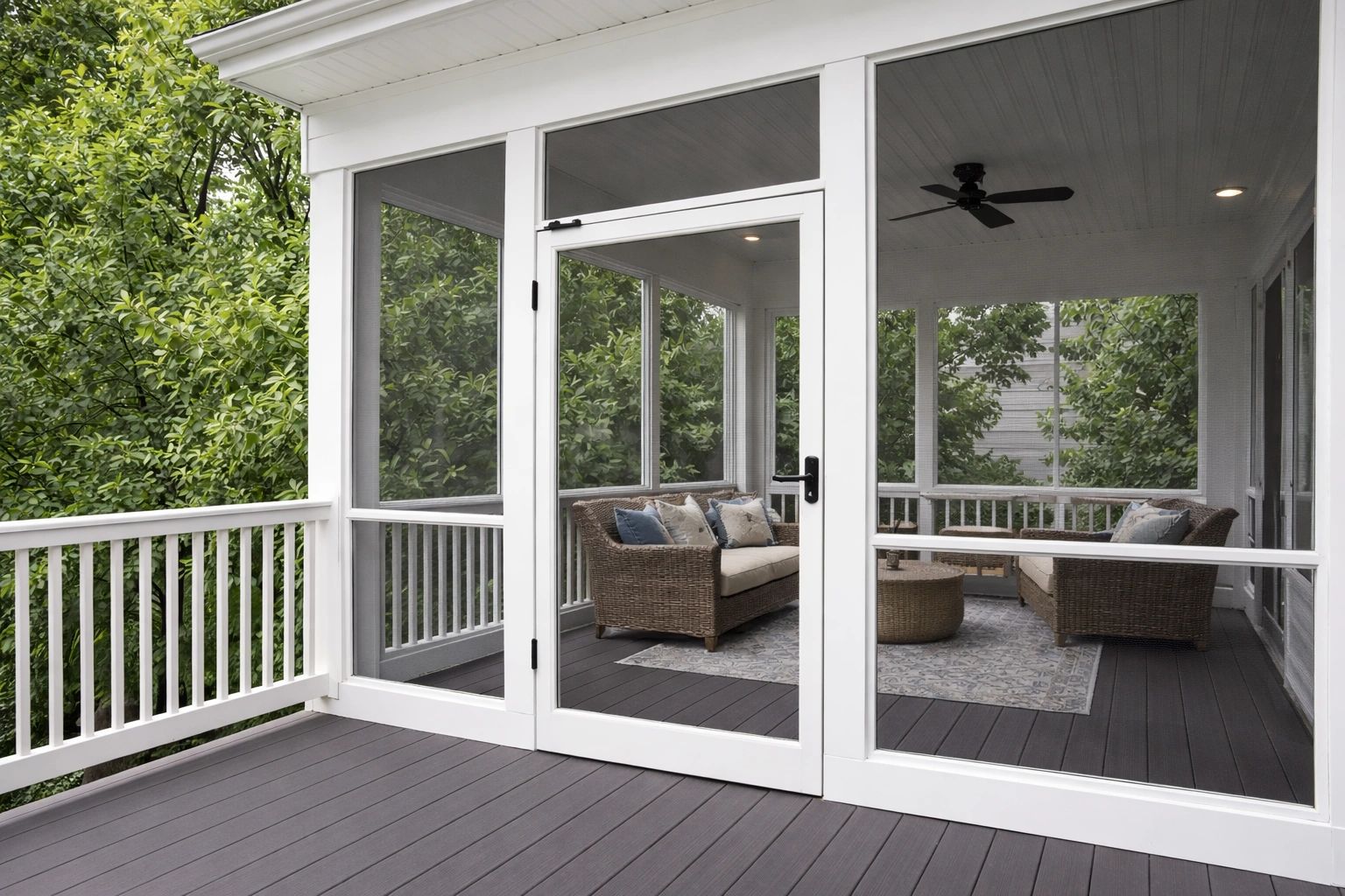 Cozy screened porch with wicker furniture and lush greenery outside.