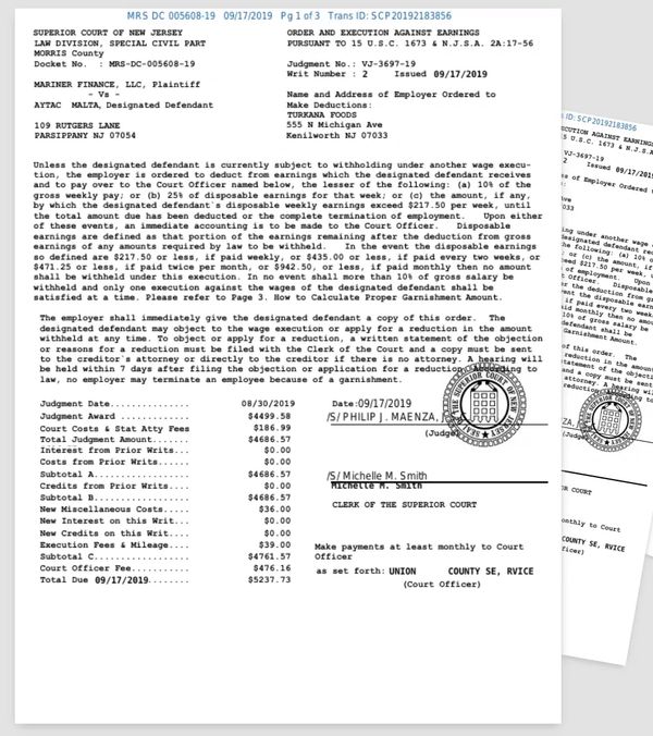 Court order for wage garnishment issued by Superior Court of New Jersey.