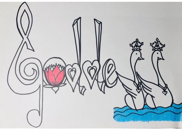 Artistic love-themed drawing with musical and swan elements.