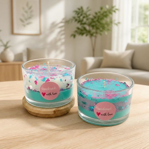 Two handmade candles with colorful flakes on a wooden table.