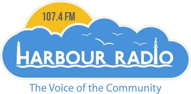 Harbour Radio logo with blue cloud and yellow sun.