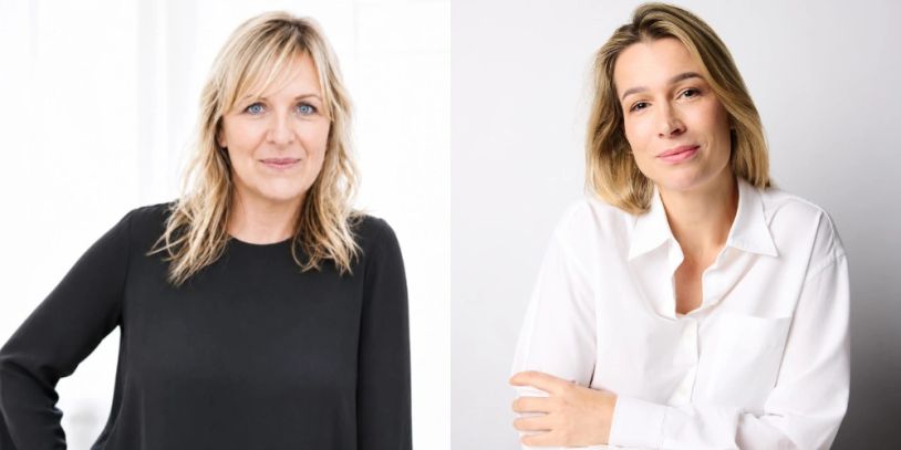 Two women posing for studio portraits, one in black and one in white.