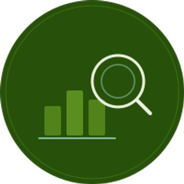 Magnifying glass examining a bar chart on a green circular background.