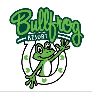 Smiling green frog with outstretched arms waving and welcoming you to the Bullfrog Resort