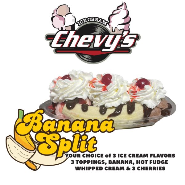 Banana split with ice cream, whipped cream, cherries, and chocolate fudge.
