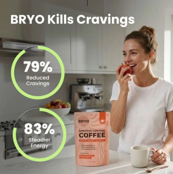 Woman enjoying an apple, promoting BRYO Coffee for appetite control and energy.
