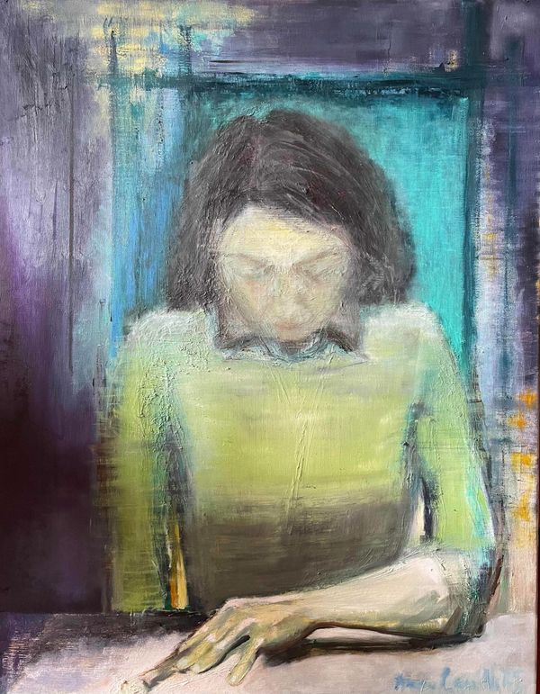 Abstract painting of a person with downcast eyes, resting a hand on a surface.