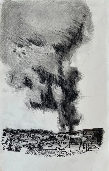 Dessin au fusain d'une ville avec une grande colonne de fumée noire.
