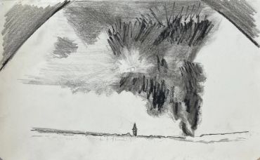 Dessin au crayon montrant une grande colonne de fumée au-dessus d'un paysage plat.