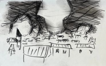 Dessin au crayon d'un village sous un ciel orageux.