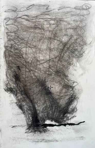 Dessin abstrait en noir et blanc avec des formes tourbillonnantes.
