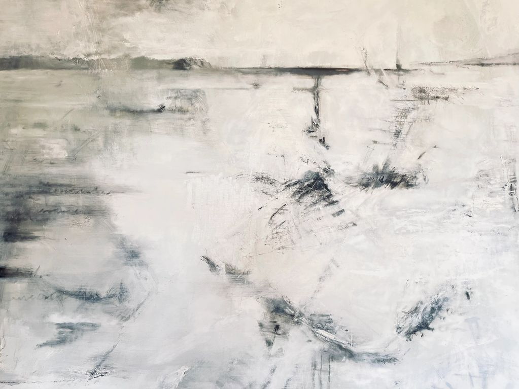 Abstract painting with soft gray and white tones and textured brush strokes.