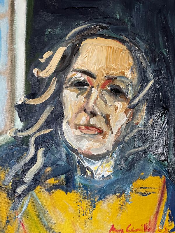 Abstract oil painting of a contemplative woman with flowing hair and a yellow garment.