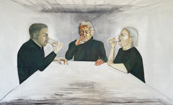 Three people sitting at a table, drinking from glasses in a somber setting.