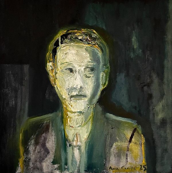 Abstract portrait of a man with textured brushstrokes and dark background.