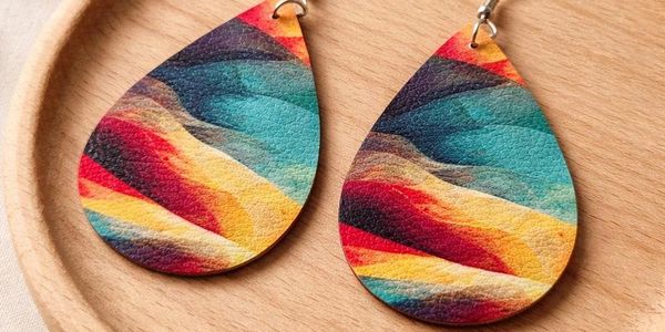 Colorful teardrop-shaped earrings with abstract patterns on a wooden surface.