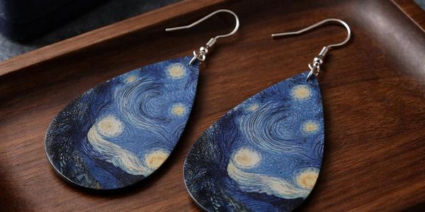 Teardrop earrings featuring Van Gogh's Starry Night design.