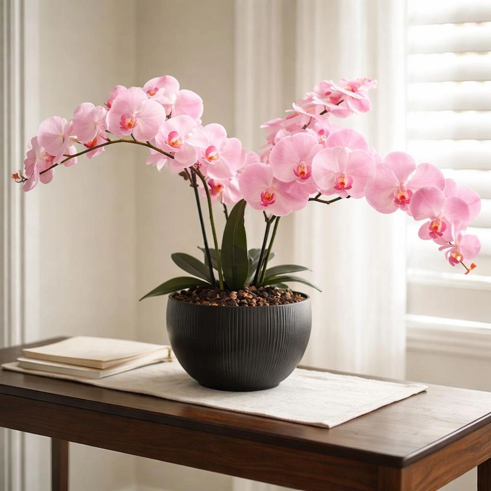 Pink orchids in a black pot on a wooden table by a window.