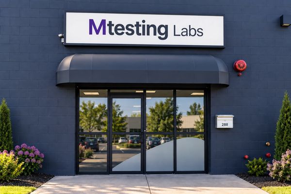 Entrance to Mtesting Labs with black walls and large glass doors.