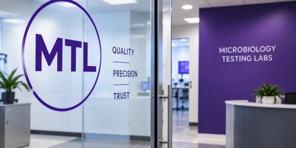 Entrance to MTL Microbiology Testing Labs with quality, precision, and trust values.