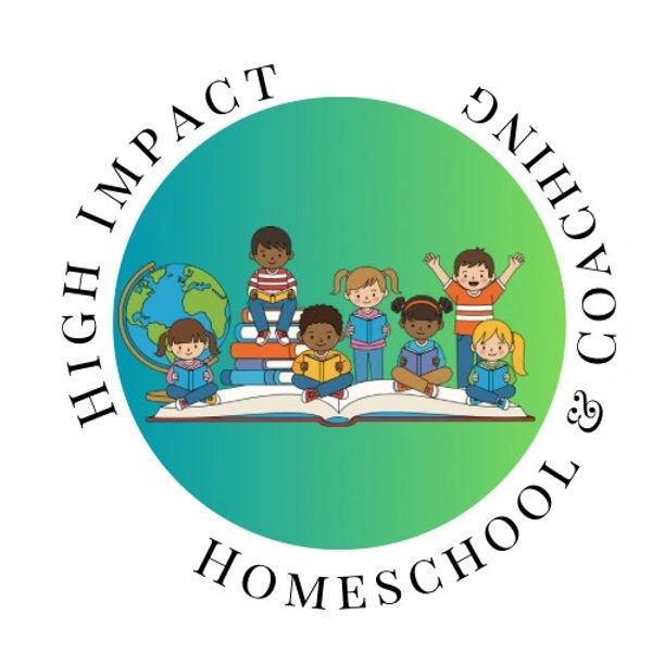 Logo with a blue to light green gradient full of kids sitting on a giant book excitedly reading. 