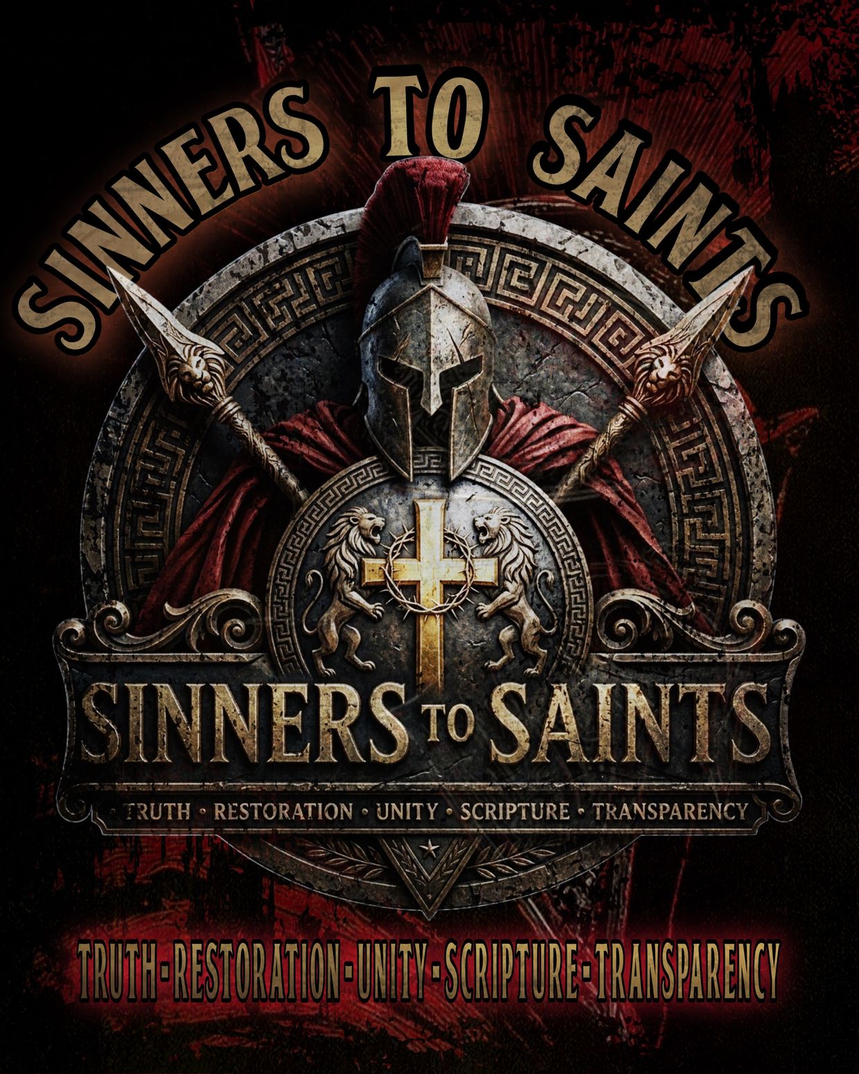 Emblem featuring a warrior helmet, shield, and cross with the text 'Sinners to Saints'.