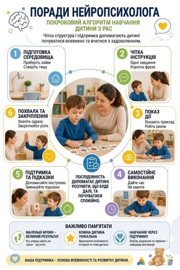 Покроковий алгоритм навчання дитини з аутизмом від нейропсихолога.