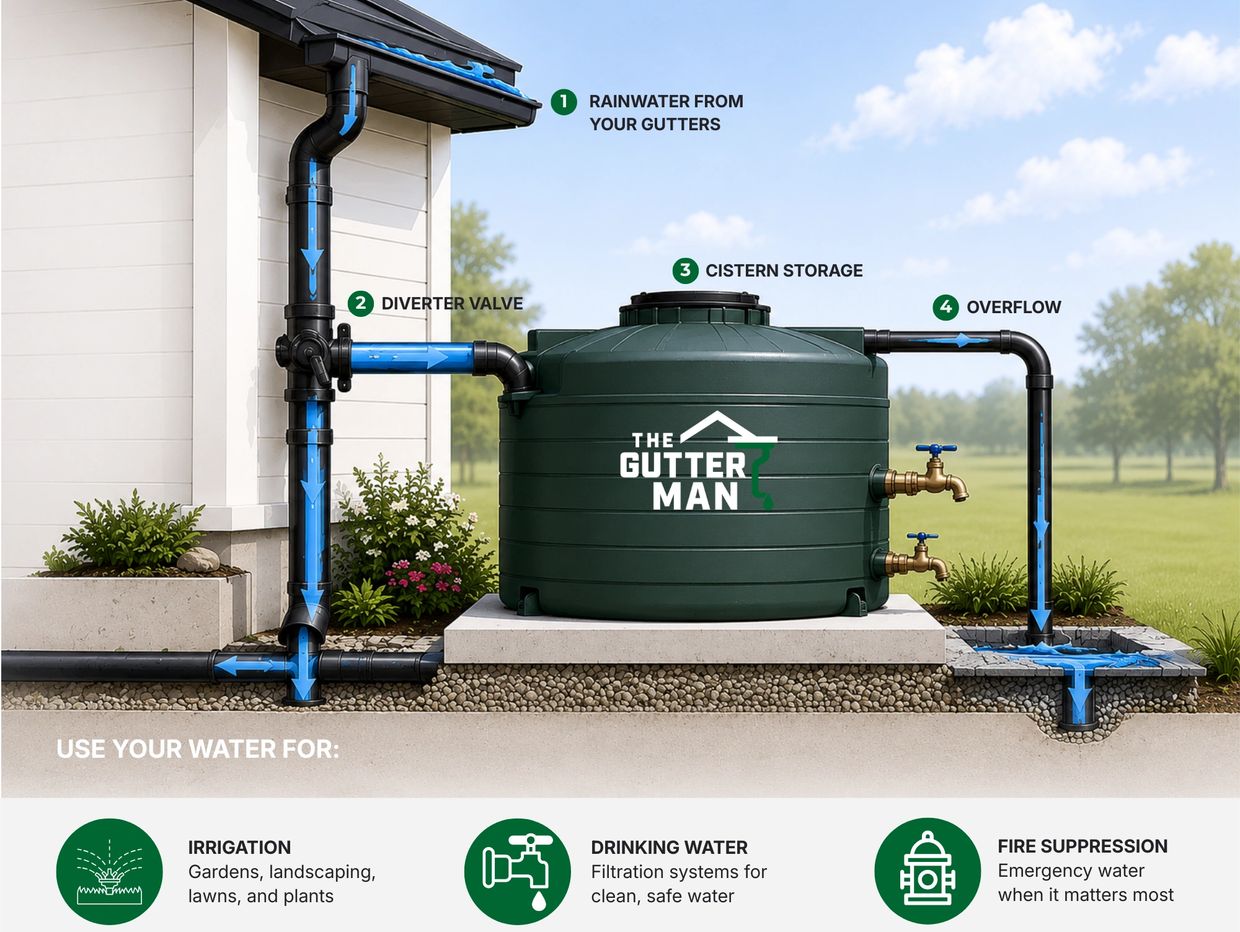 Rainwater harvesting system with cistern storage and diverter valve for irrigation, drinking water, and fire suppression.