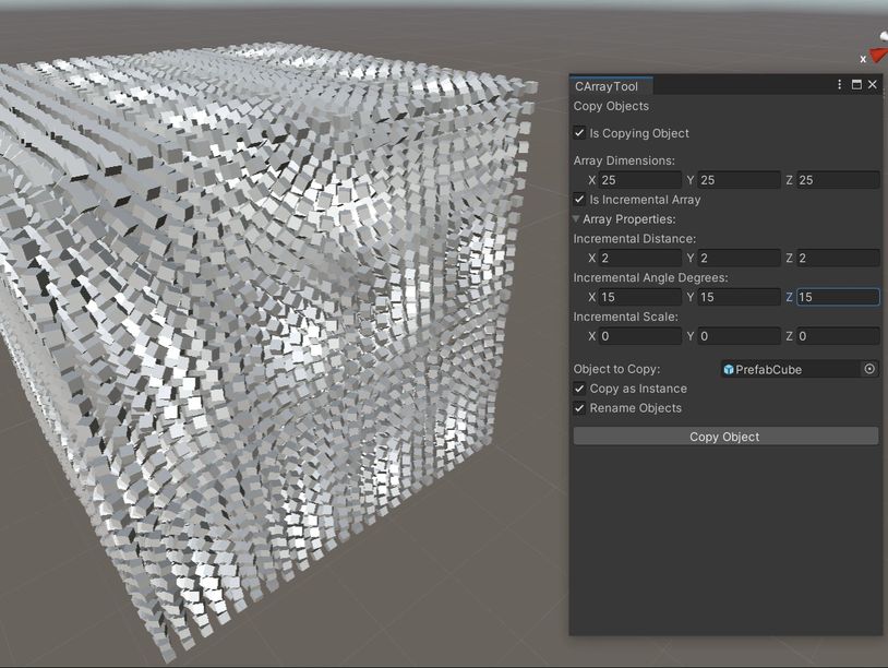 A cube made up of multiple smaller cubes, which was made the custom array unity editor tool.