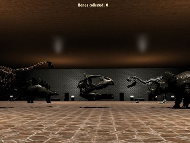 An overview of a dinosaur museum showing multiple dinosaurs 3D models for the Museum Memirs game.