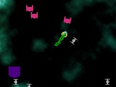 A 2D top down view of the player ship flying in space surrounded by enemies.