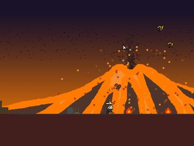 Gameplay image of Folklore of Cuzcatlan, showing the player running during a volcano eruption.