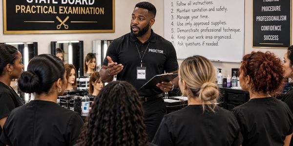 Instructor briefing students for a practical board examination in cosmetology.