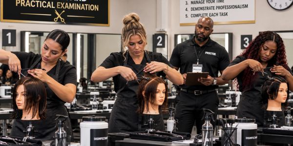 Students practicing hairstyling on mannequins during an exam.