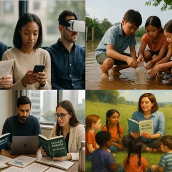 Collage showing technology use, environmental exploration, climate change study, and outdoor learning.