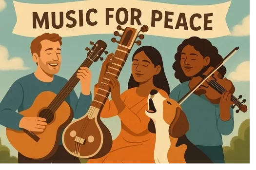 People playing musical instruments together for peace with a dog.