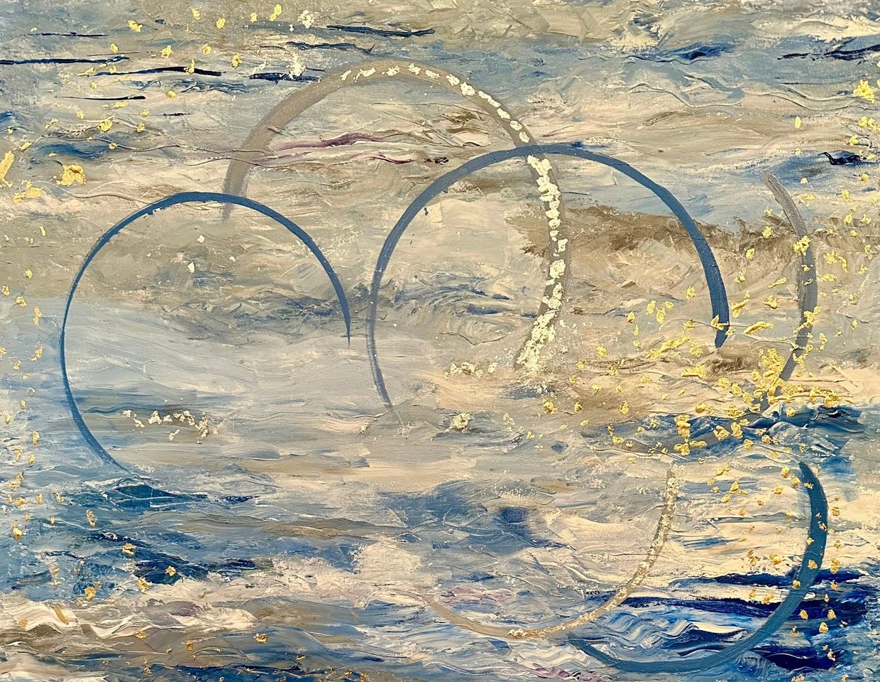 Abstract ocean. Thick painted waves contrasted by metallic and painted circles representing dolphins.