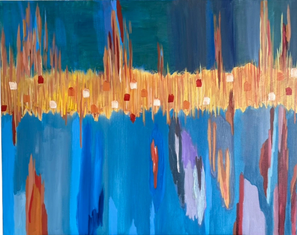 Radio waves, or an abstract EKG, it has energy no matter how you hold it.  Blues, gold + red accents